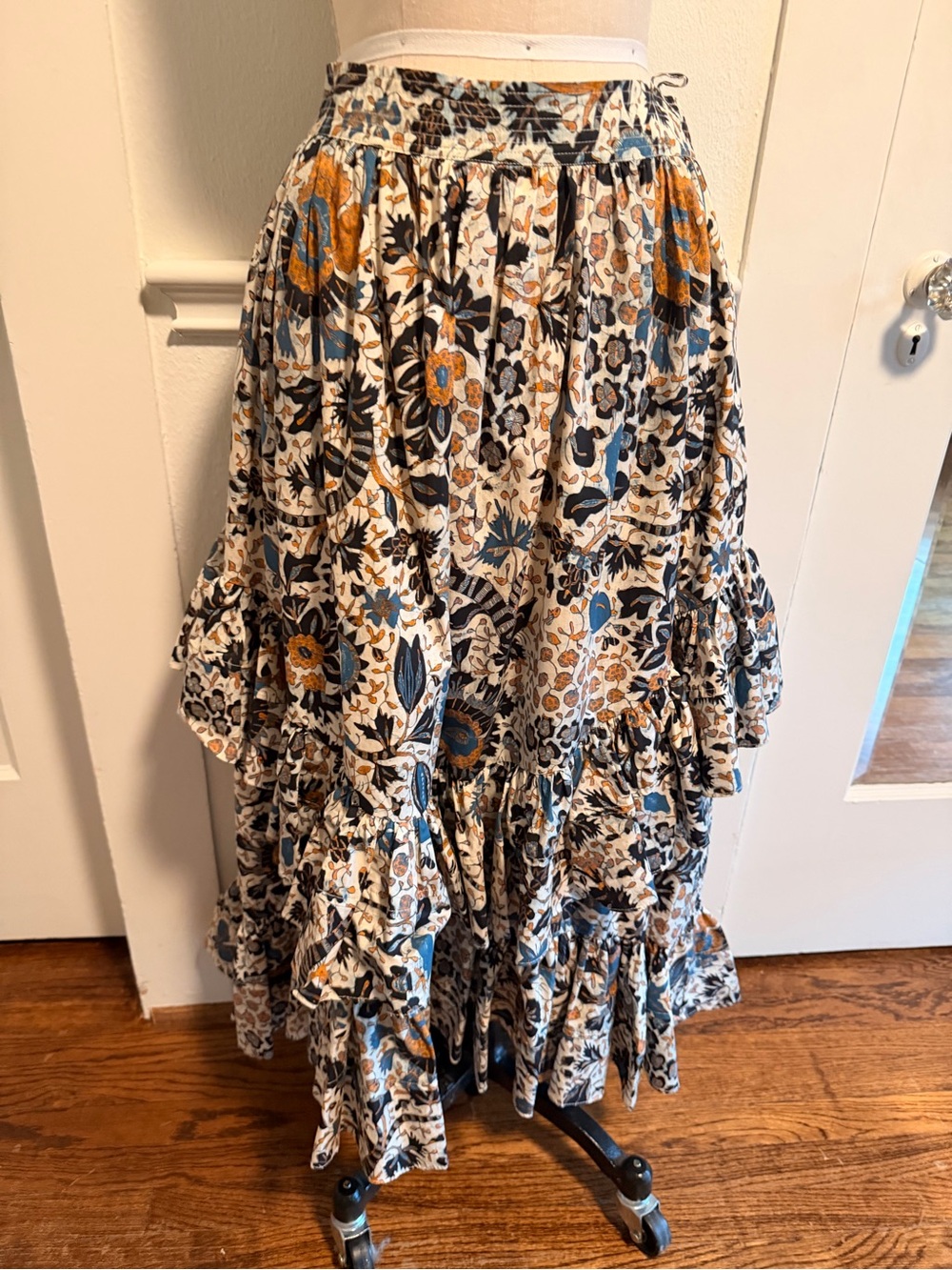 Ulla Johnson Blue, White, Black, Multi Floral Print Cotton Tiered Skirt